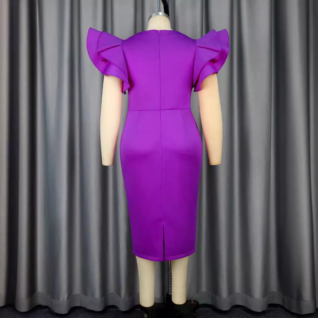 Damen elegantes Kleid mit voluminösen Rüschenärmeln und funkelnden Akzenten Drune