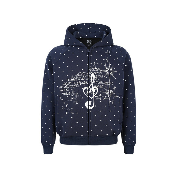 Damen Zip‑Hoodie im Herz-Allover mit Notenschlüssel‑Print und Kängurutaschen Drune