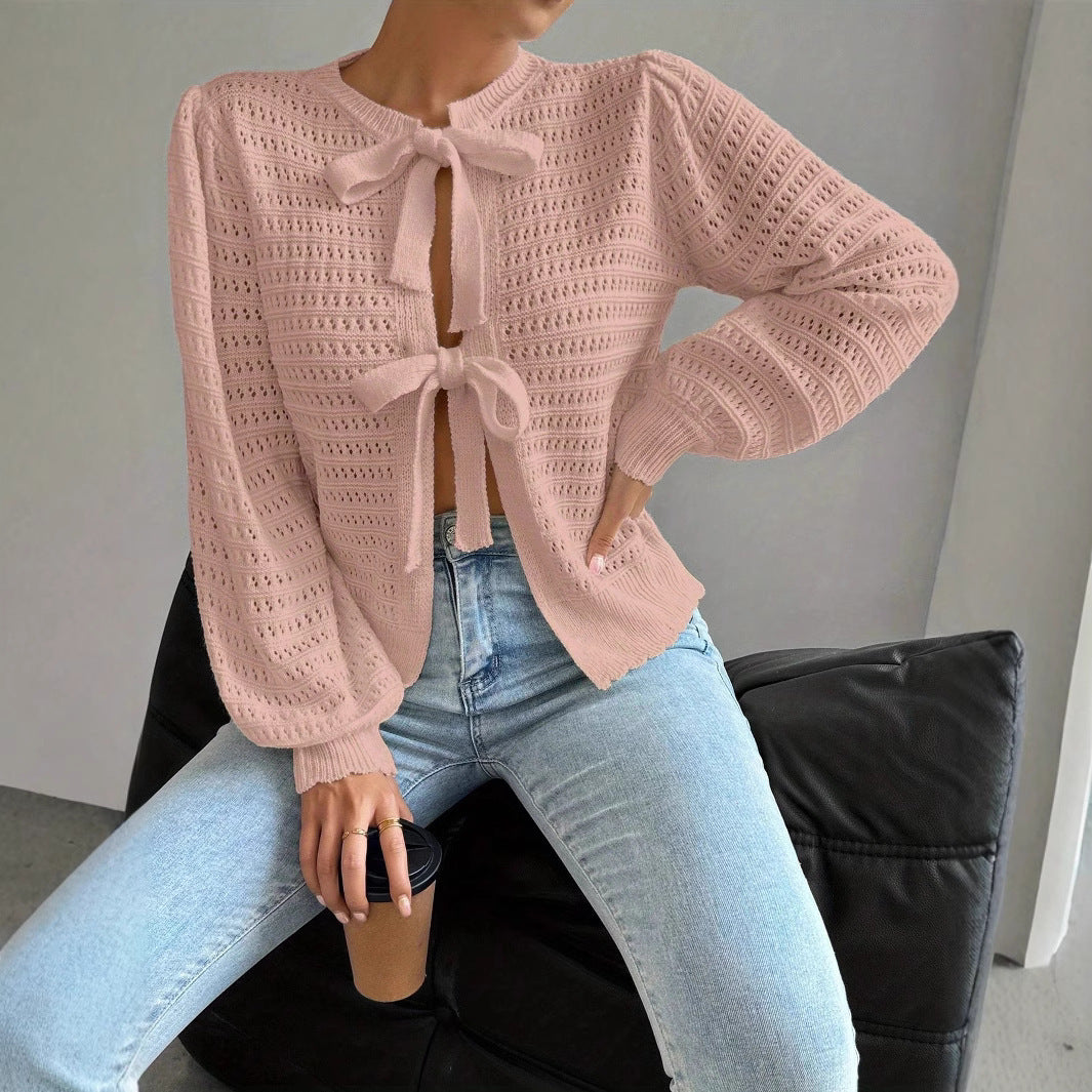 Damen luftige Strickjacke mit Bindegürtel und raffinierten Ausschnitten Drune