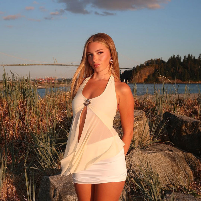 Damen lässiges Haltertop mit transparentem Chiffon und eleganter Applikation Drune