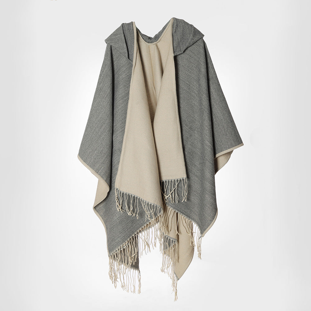 Damen Kapuzencape aus Wollmix mit Wendefunktion und Fransensaum Drune