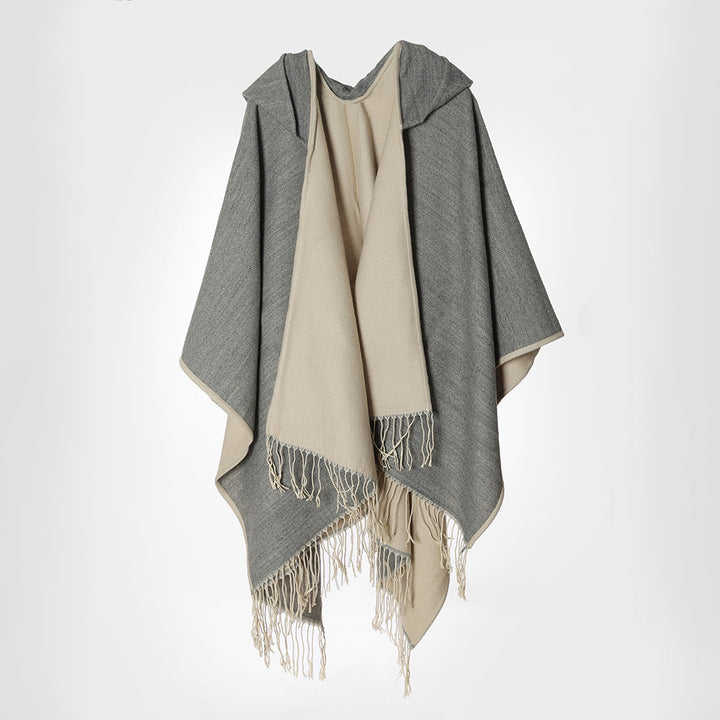 Damen Kapuzencape aus Wollmix mit Wendefunktion und Fransensaum Drune