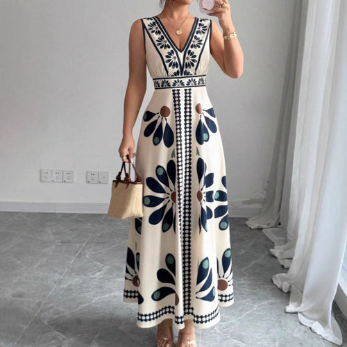 Damen Maxikleid mit voluminösem Blumenmuster und tiefem V-Ausschnitt Drune