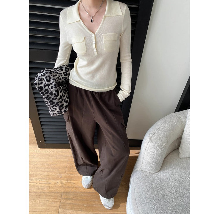 Damen figurbetontes Langarm-Tee mit klassischen Knopfdetails Drune