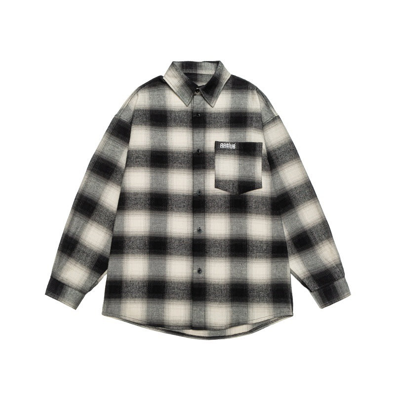 Unisex Karo-Flanell-Hemdjacke im Oversize-Kastenschnitt mit abgerundetem Saum Drune