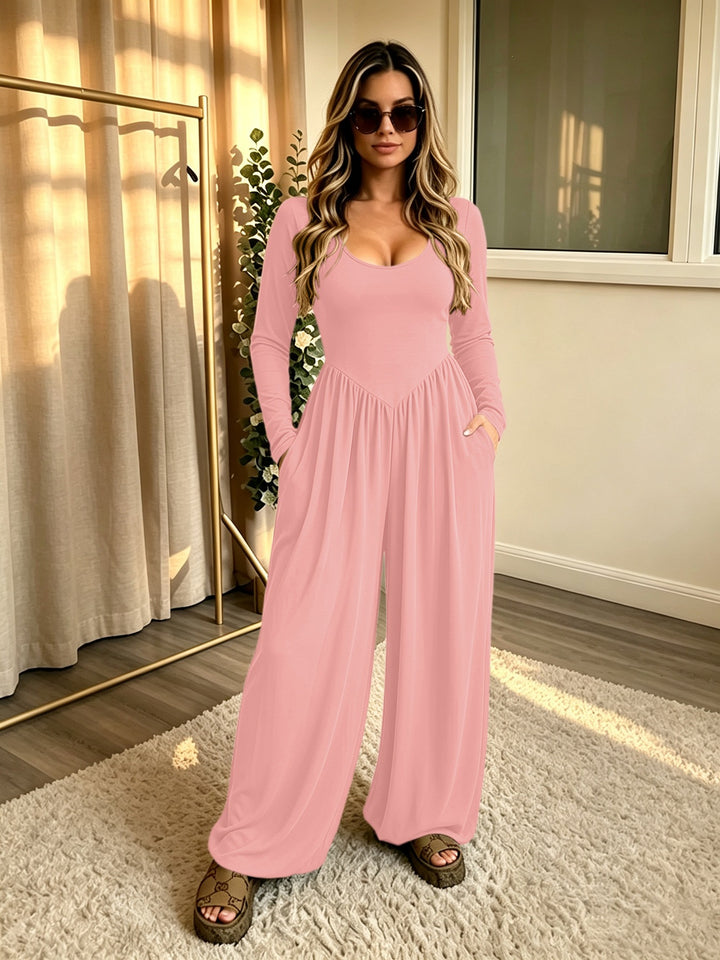 Damen Langer Jumpsuit mit weitem Bein, tiefem Rundhals und Eingrifftaschen Drune