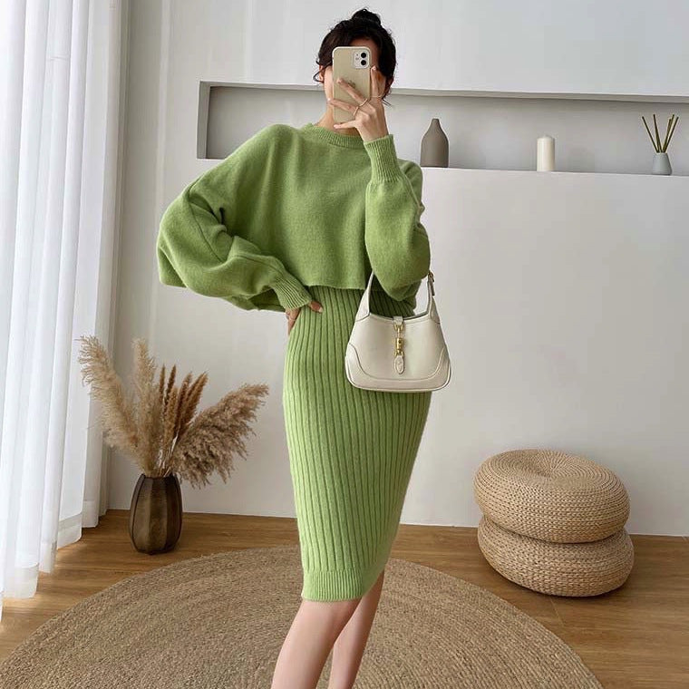 Damen elegante Strickkleid mit Ribstruktur und voluminösen Ärmeln Drune
