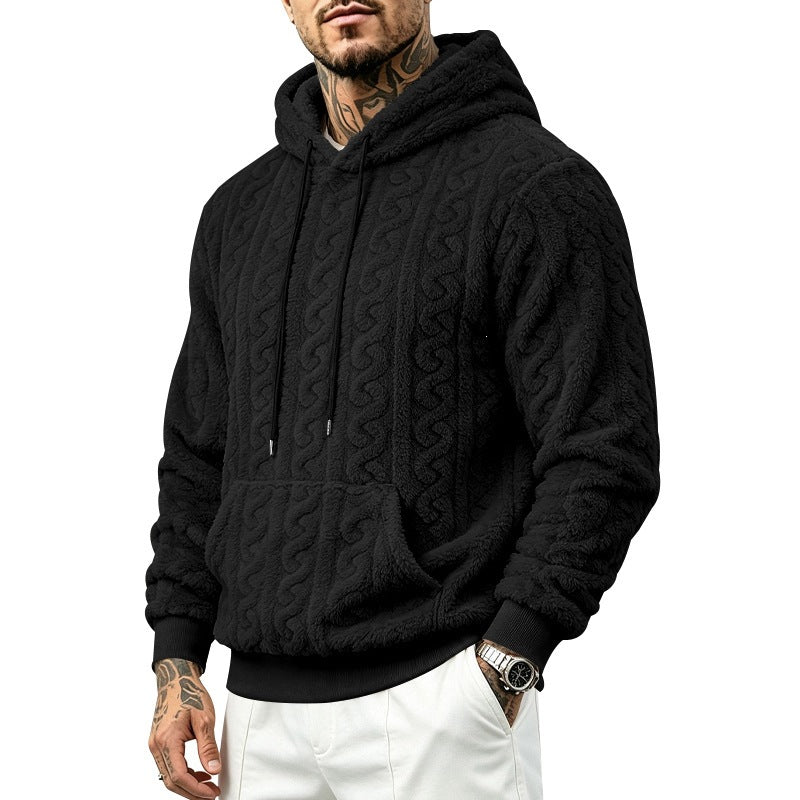 Herren kuscheliger Teddy-Fleece Kapuzenpullover mit Zopfmuster und Kängurutasche Drune