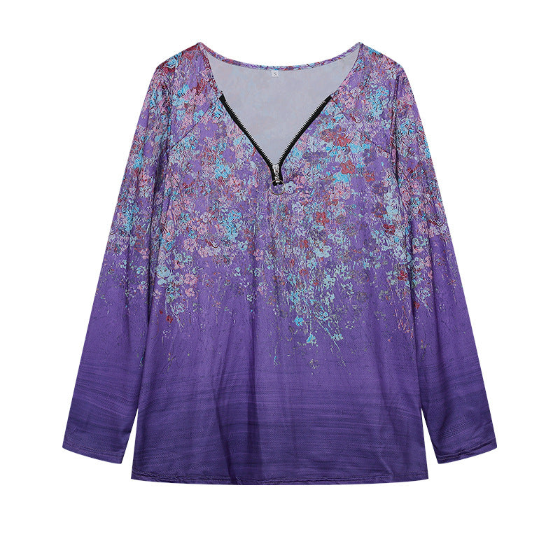 Damen Langarmshirt mit farbenfrohem Blütenmuster und modernem Zipper Drune