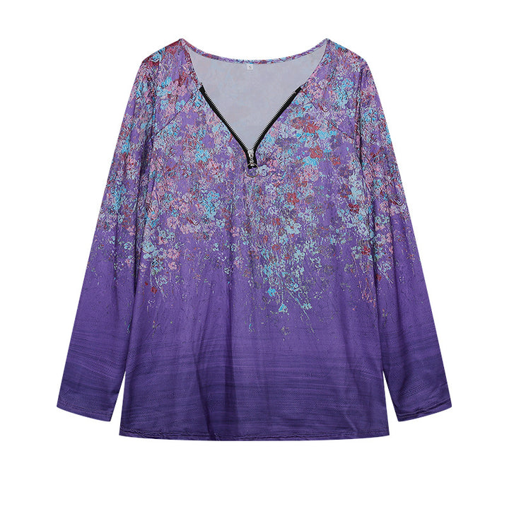 Damen Langarmshirt mit farbenfrohem Blütenmuster und modernem Zipper Drune