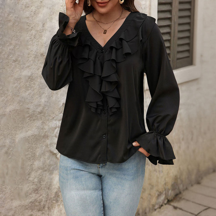 Damen feminine Rüschenbluse mit V-Ausschnitt Volantreihe und Glockenärmeln Drune