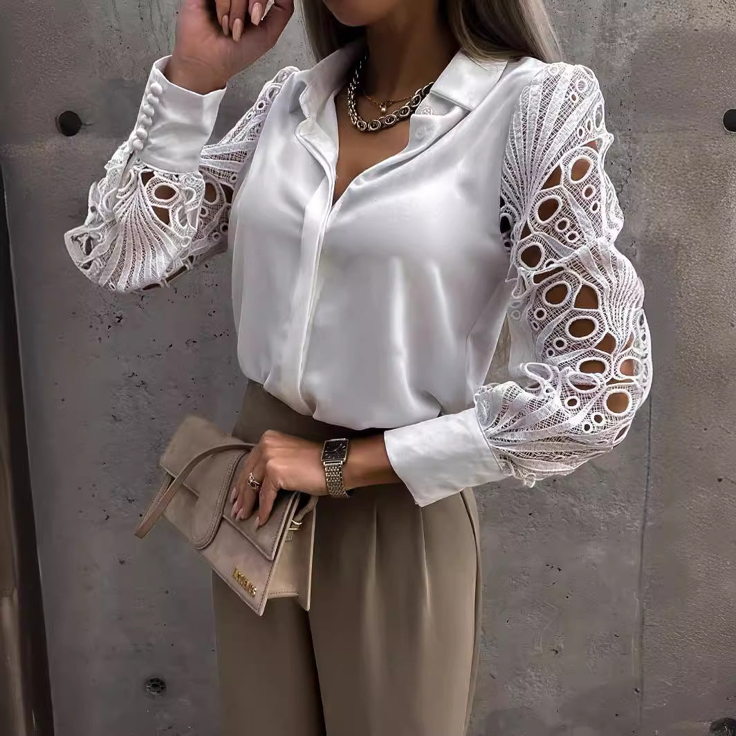Damen Elegante Bluse mit kunstvollen Spitzenärmeln Drune