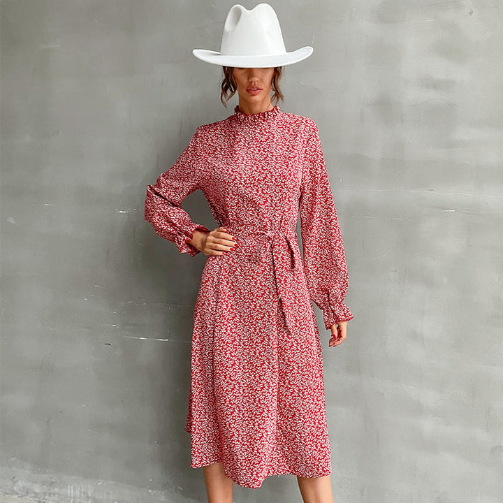 Damen Midikleid mit Stehkragen, Taillengürtel und Volantärmeln Drune