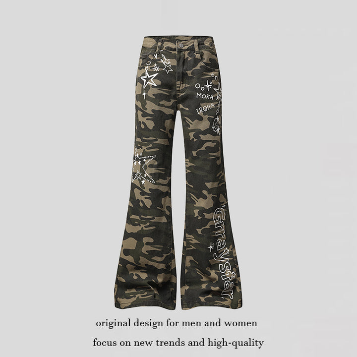 Damen Weite High‑Waist Palazzo‑Jeans im Camouflage‑Print mit Stern‑ und Schriftapplikationen, Schlaghose Drune