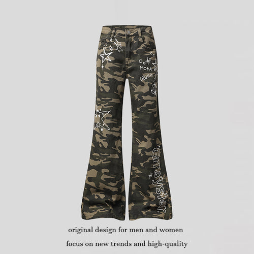 Damen Weite High‑Waist Palazzo‑Jeans im Camouflage‑Print mit Stern‑ und Schriftapplikationen, Schlaghose Drune