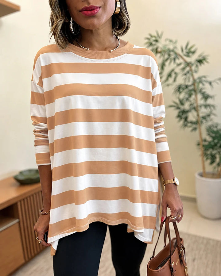 Damen Oversized Streifen-Longsleeve mit Rundhalsausschnitt und abgerundetem Saum Drune