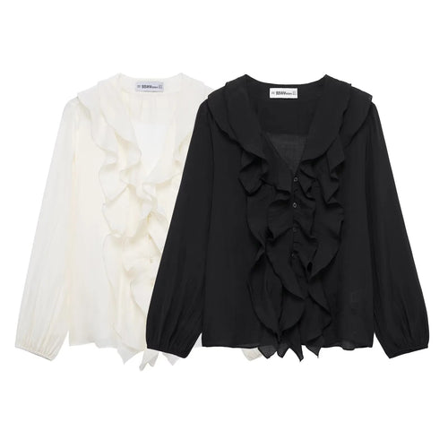 Damen nan Rüschige Chiffonbluse mit V-Ausschnitt, durchgehender Knopfleiste und Volant-Details Drune