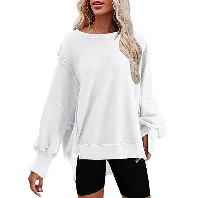 Damen oversized Sweatshirt mit Ballonärmeln, offenen Saumnähten und seitlichen Schlitzen Drune