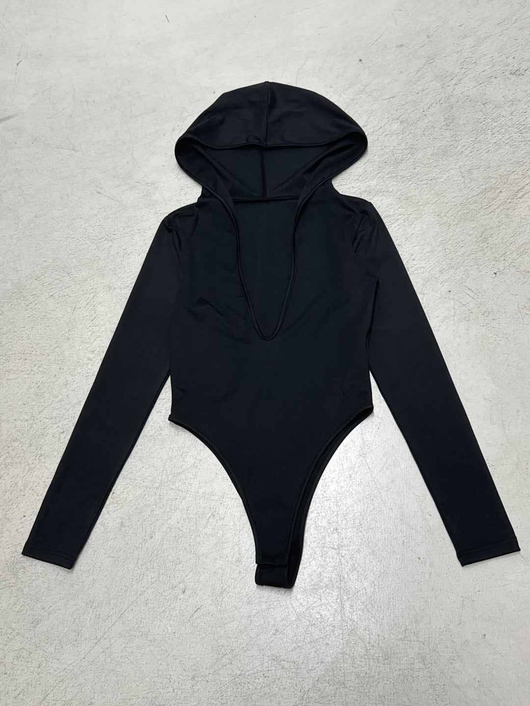 Damen Langarm-Bodysuit mit Kapuze und tiefem V-Ausschnitt Drune