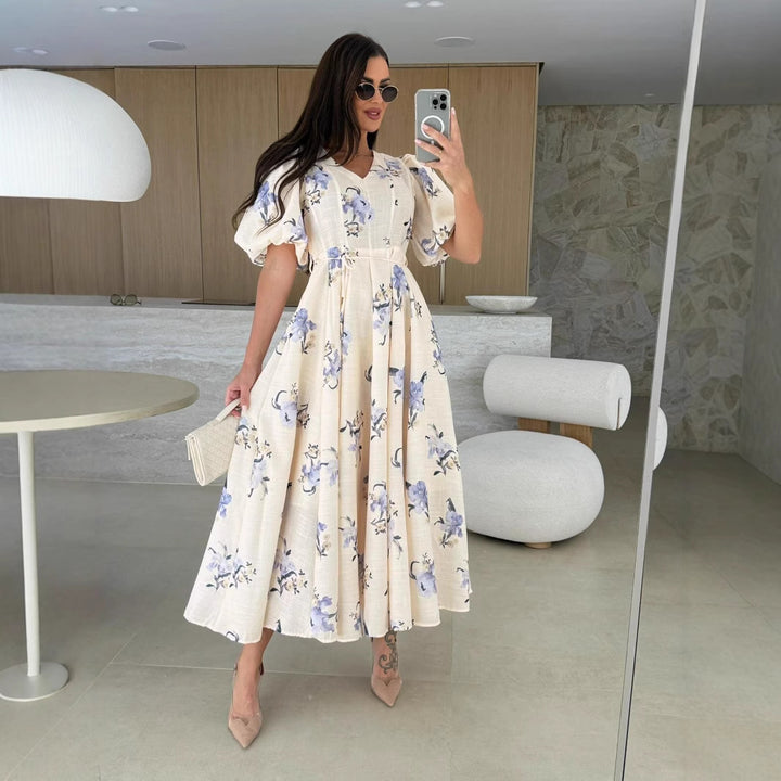 Damen Maxikleid mit elegantem V-Ausschnitt und voluminösen Puffärmeln Drune