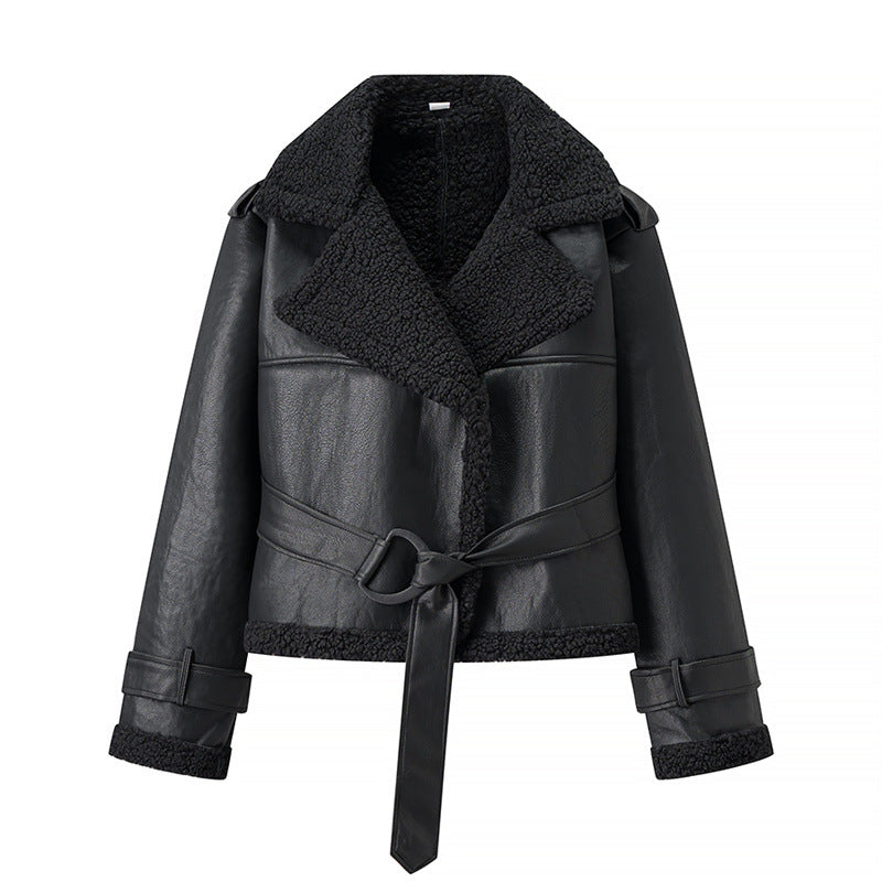 Damen Modische Kunstlederjacke mit kuscheligem Innenfutter und Bindegürtel Drune