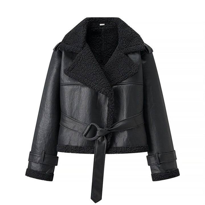 Damen Modische Kunstlederjacke mit kuscheligem Innenfutter und Bindegürtel Drune