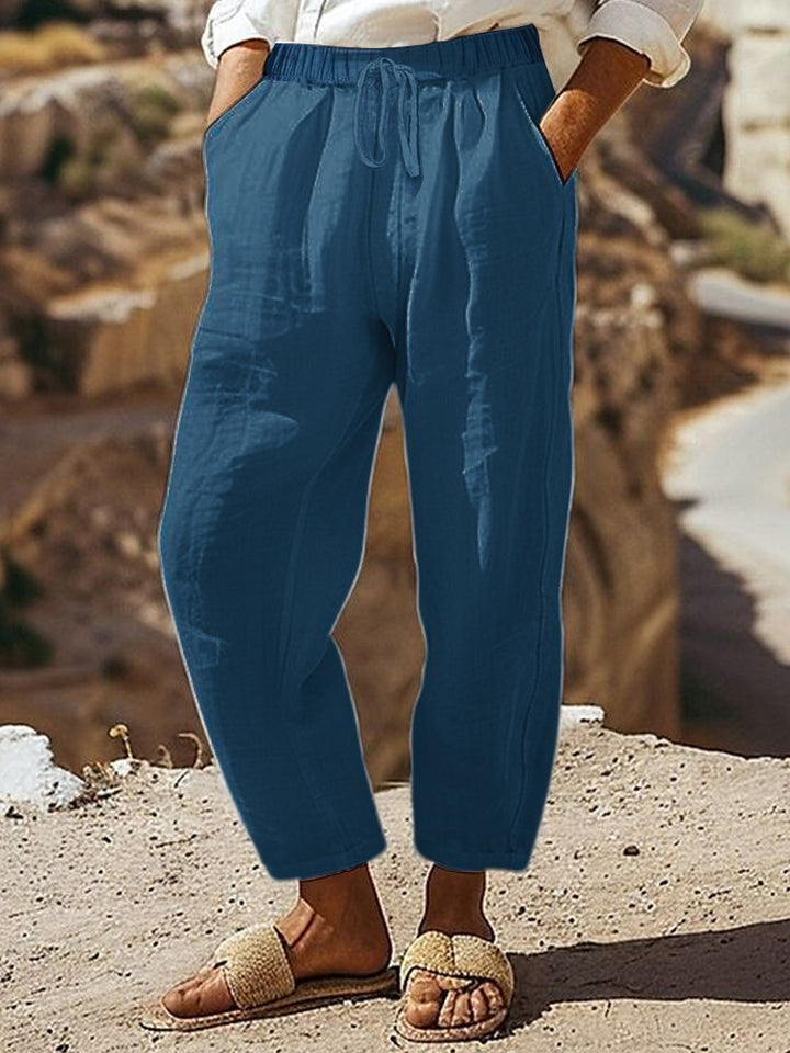 Damen Casual-Chino Leinenoptik Culotte mit elastischem Tunnelzugbund und Eingrifftaschen Drune