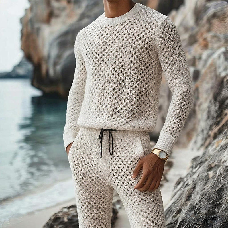 Herren Strukturstrick-Pullover mit feinmaschigem Lochmuster und Rundhals Drune
