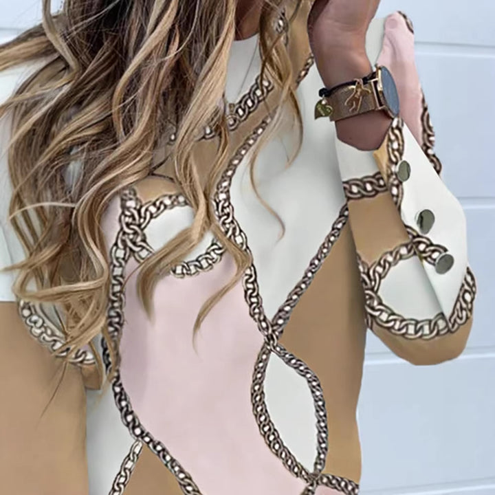 Damen Seidene Printbluse mit dekorativem Kettenmuster und gekrempelten Ärmeln Drune