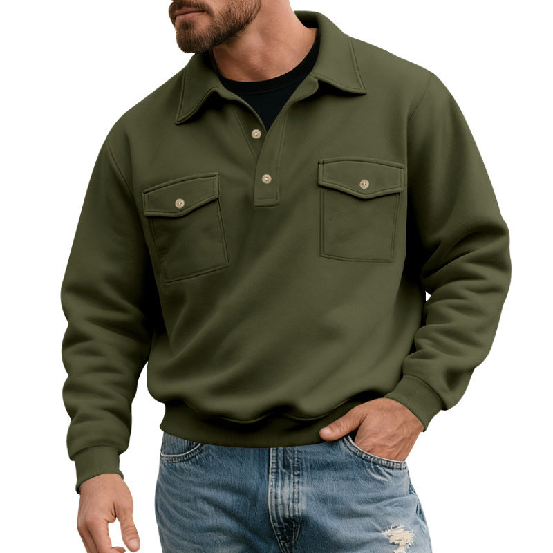 Herren nan legerer Button-Polo-Sweatshirt mit aufgesetzten Brustklappen und gerippten Bündchen Drune