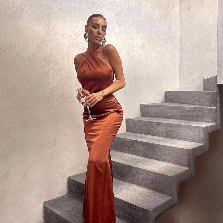 Damen Elegantes Wickelmaxikleid mit schmalen Trägern und figurbetontem Schnitt Drune