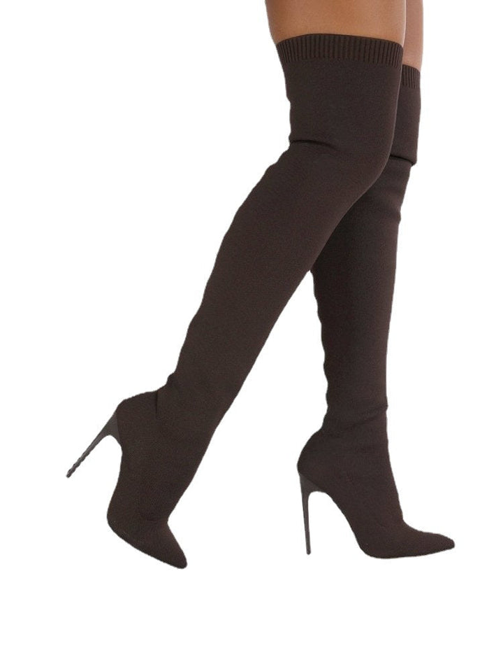Damen Overknee Stiefel mit elegantem spitzem Absatz und modischem Strickdesign Drune