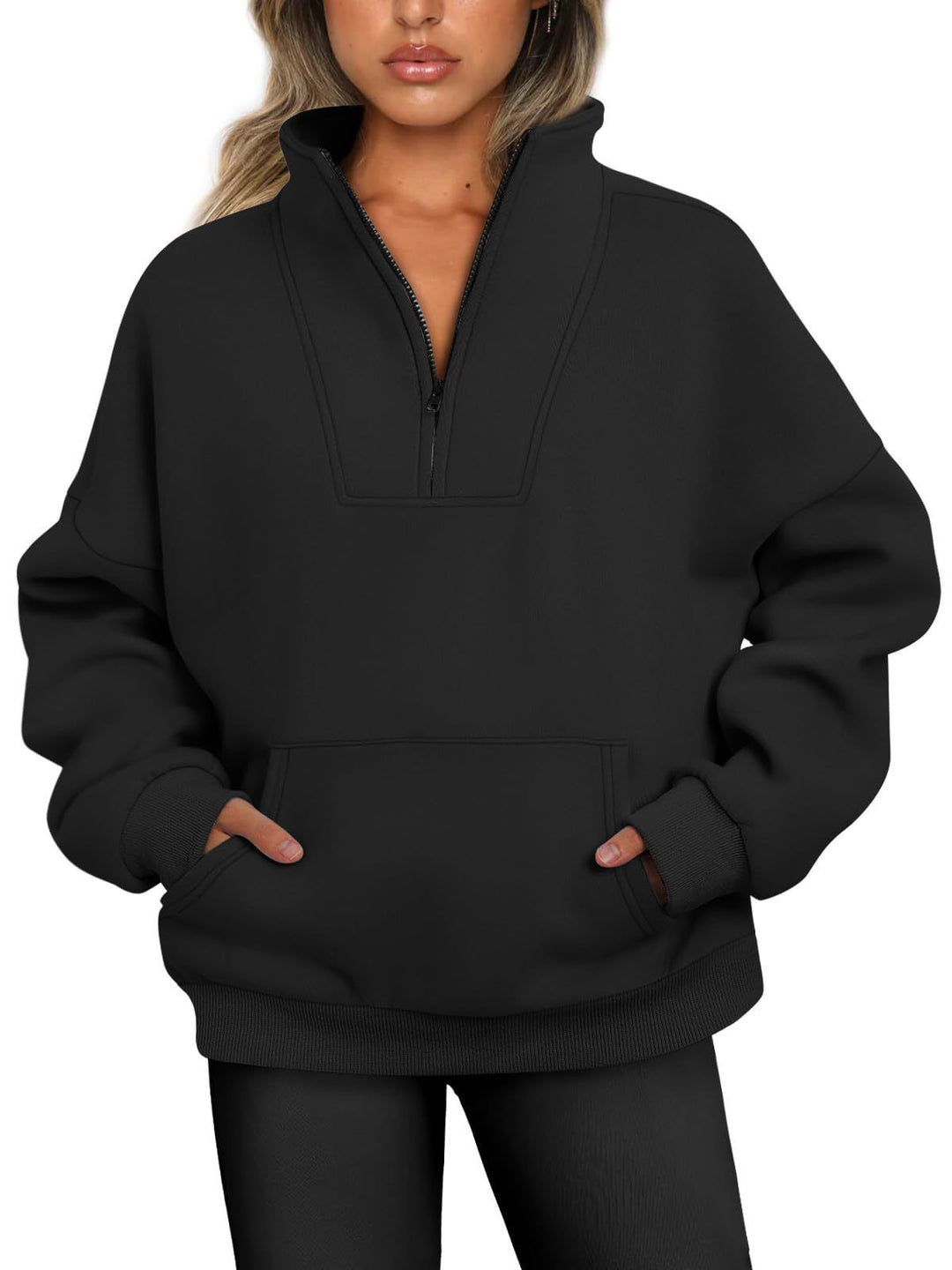 Damen lässiger Pullover mit hohem Kragen und praktischer Kängurutasche Drune