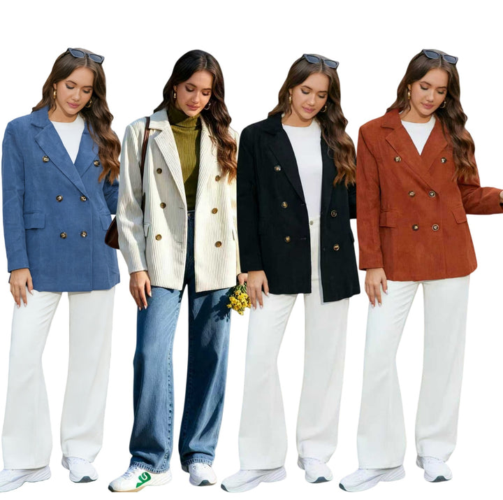 Damen Langer Cord-Blazer im Doppelreiher mit Reverskragen und Pattentaschen Drune