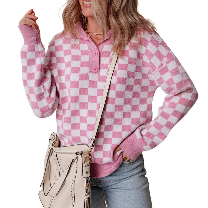 Damen gemütlicher Sweatpullover mit Karomuster und Knopfdetail Drune
