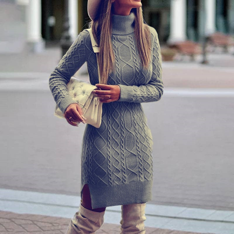 Damen nan figurbetontes Strickkleid mit Rollkragen, Zopfmuster, seitlichem Schlitz und geripptem Saum Drune
