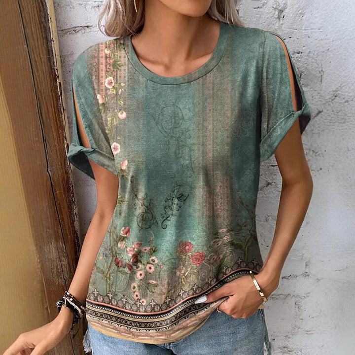 Damen florales Oversized-T-Shirt mit Cut-Out-Ärmeln Drune