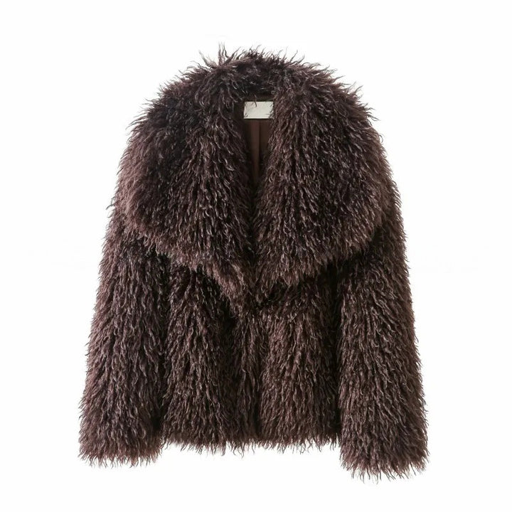 Damen Kurzjacke aus langflorigem Kunstpelz mit voluminösem Schalkragen Drune