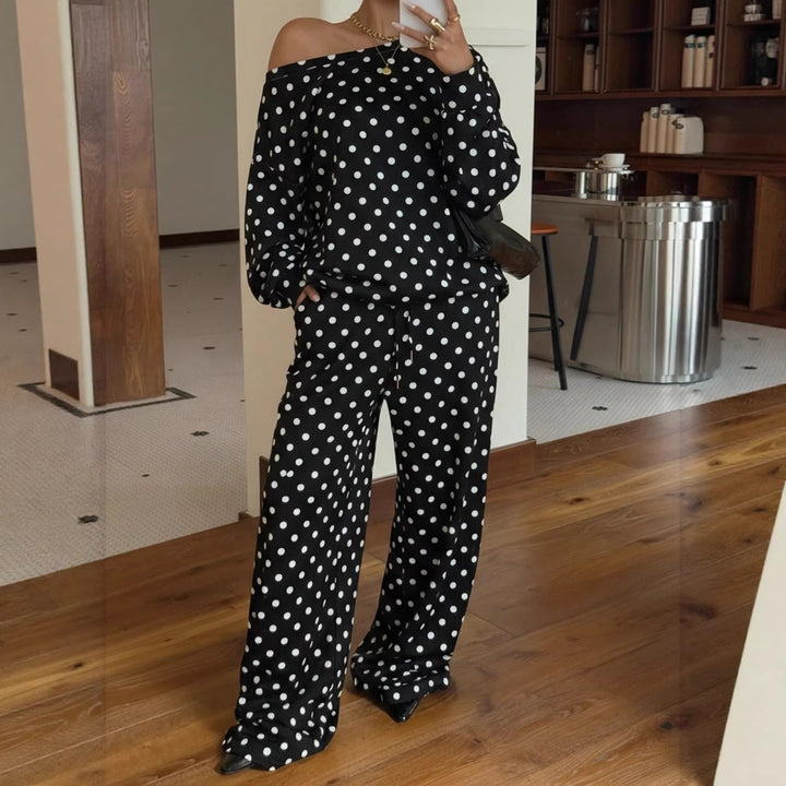 Damen Gepunktetes Zweiteiliges Lounge-Set mit weitem Boatneck und weiten Palazzo-Hosen Drune