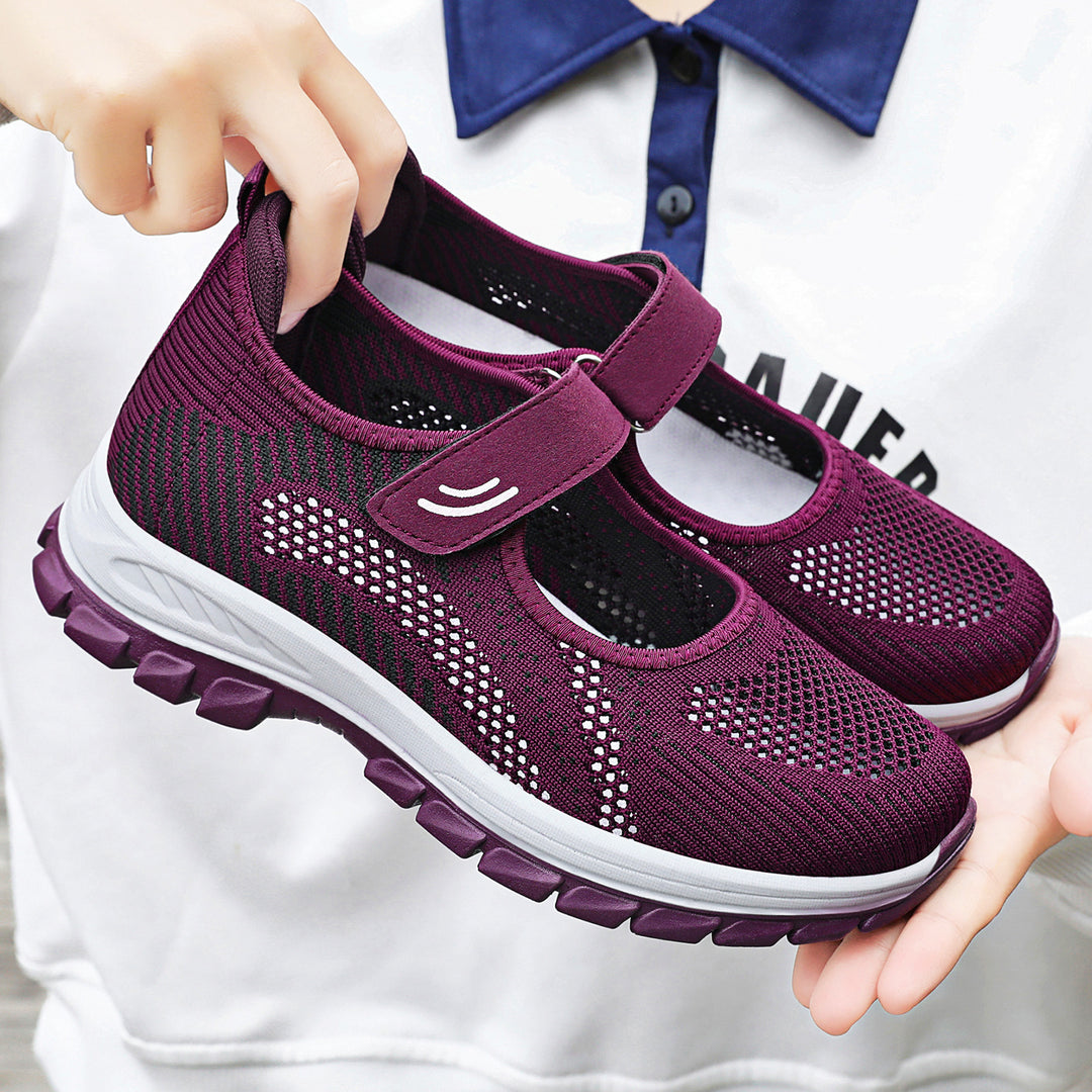 Damen nan atmungsaktive Strick-Mary-Jane Walkingsneaker mit Klettverschluss und dämpfender Leichtlaufsohle Drune