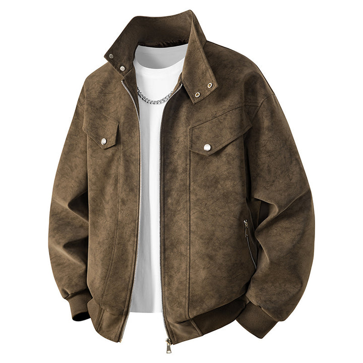 Herren Velours-Imitat Übergangsjacke im Bomberstil mit Stehkragen, Druckknopfleiste & elastischen Bündchen Drune