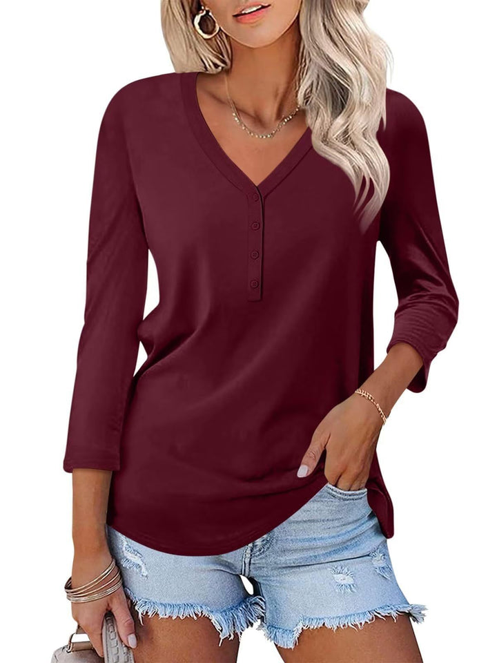Damen Langarmshirt mit Knopfleiste und V-Ausschnitt Drune