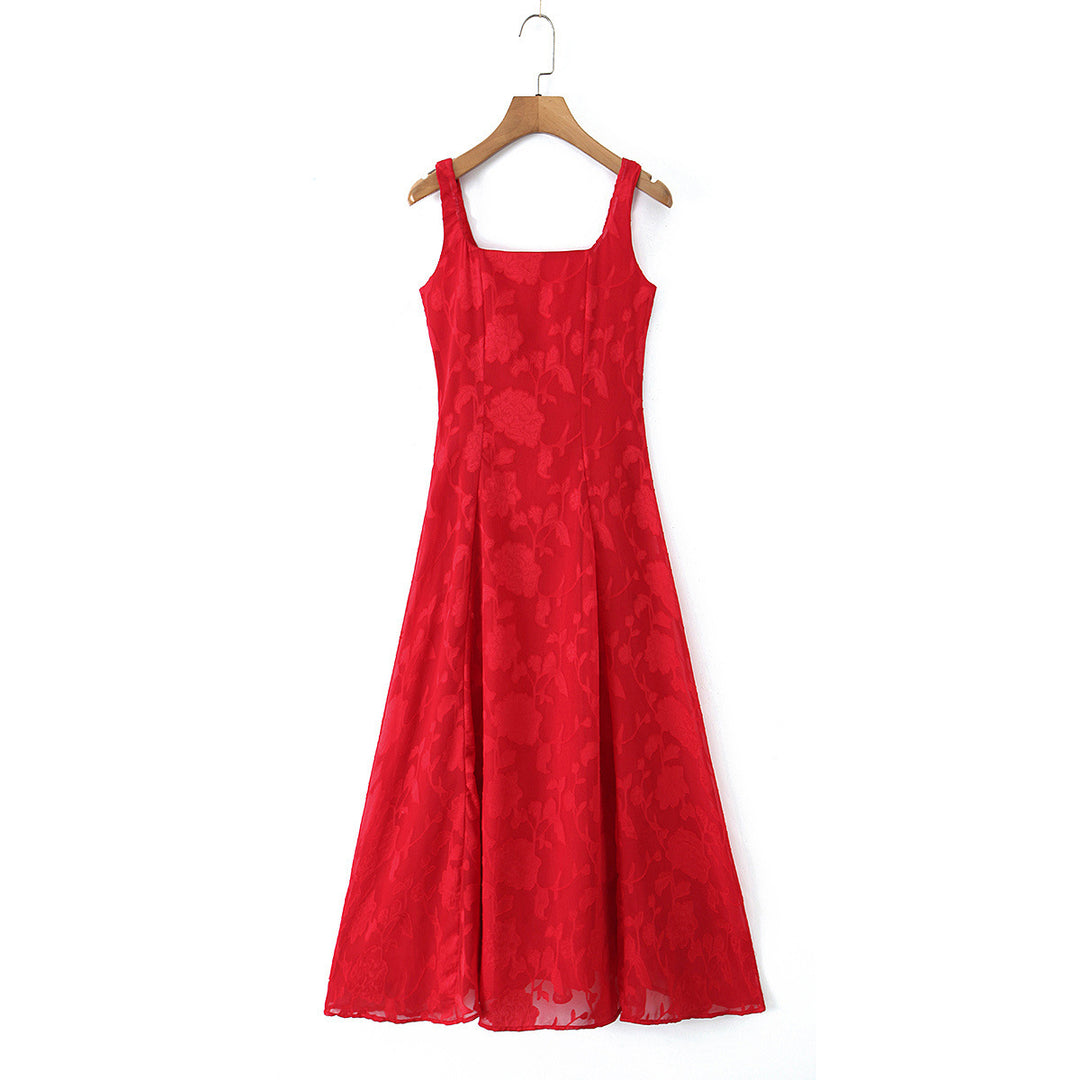 Damen Maxikleid mit floralem Reliefmuster und eleganten Trägern Drune
