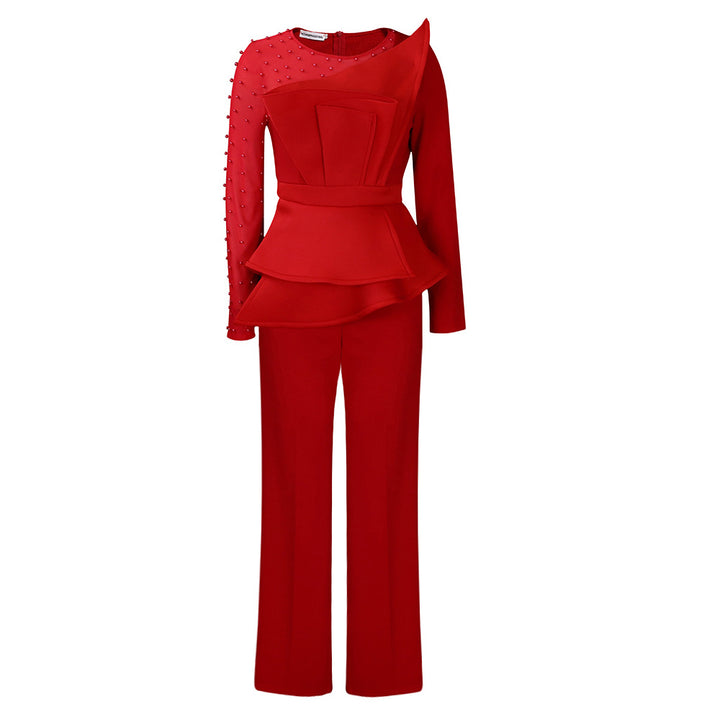 Damen Designer Jumpsuit mit asymmetrischem Schnitt und Perlendetails Drune