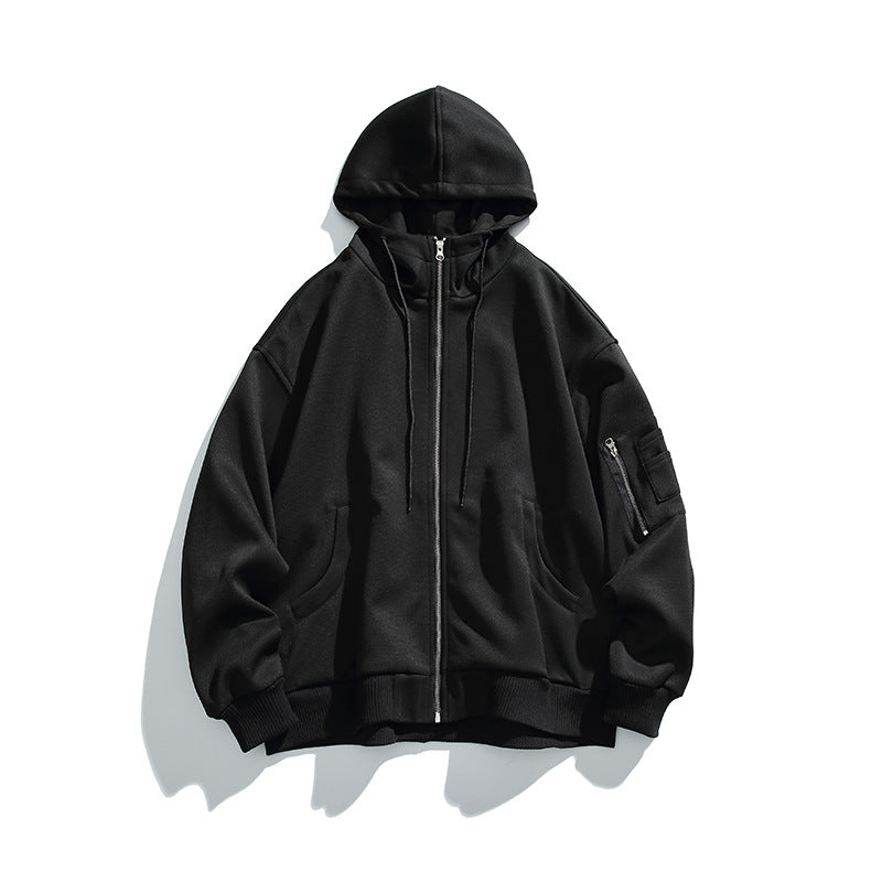 Unisex Oversize-Kapuzenjacke mit Frontreißverschluss, Ärmeltasche und geripptem Saum Drune