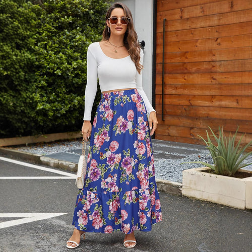 Damen Maxi-Rock mit floralen Volantdetails und elastischem Bund Drune