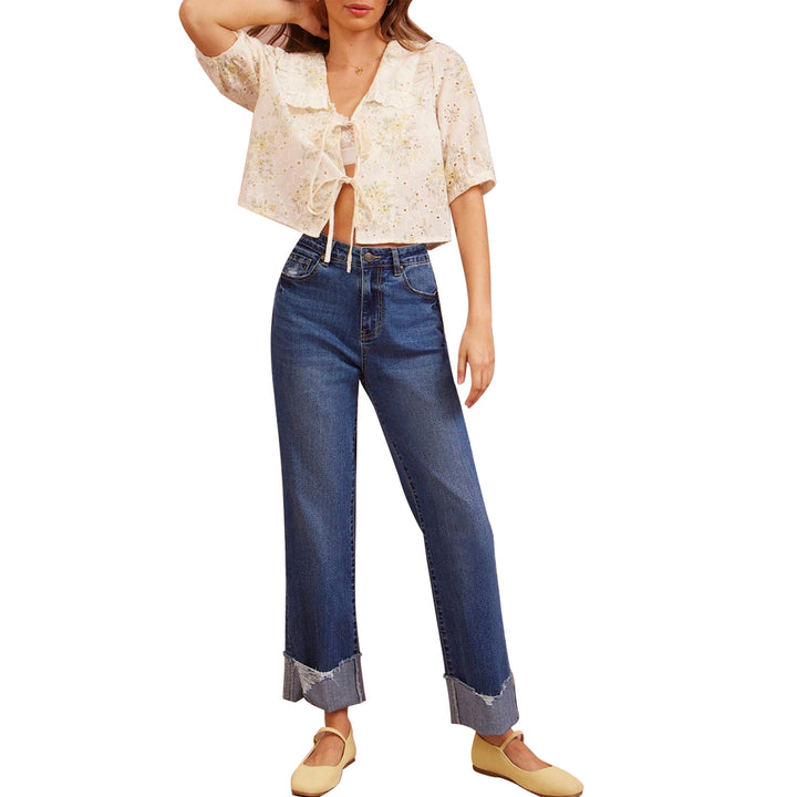 Damen Hochtaillierte Cropped-Jeans mit weitem Bein und ausgefranstem Umschlag Drune