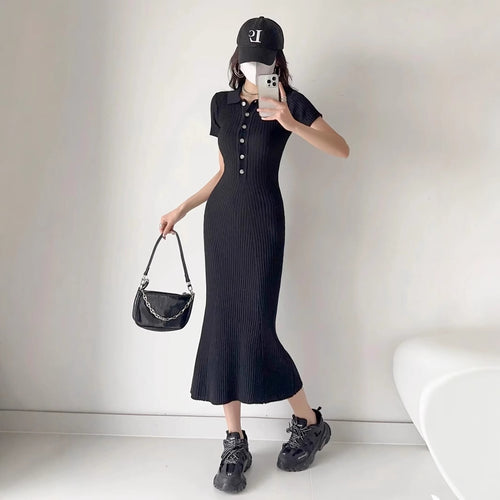 Damen figurbetontes Knielanges Strickkleid mit Polokragen und Knopfleiste Drune