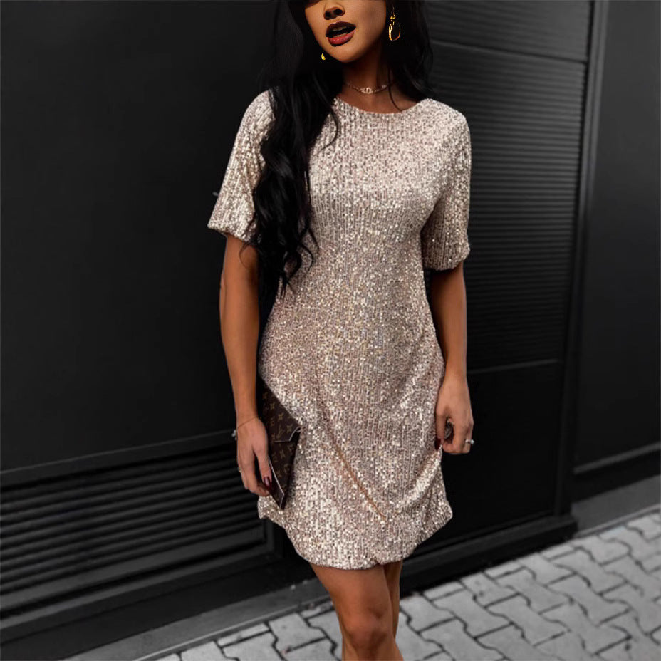 Damen Glänzendes Paillettenkleid mit kurzem Schnitt und bequemen Rundhalsausschnitt Drune