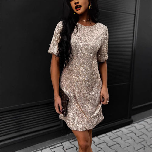 Damen Glänzendes Paillettenkleid mit kurzem Schnitt und bequemen Rundhalsausschnitt Drune
